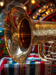 A golden trumpet with a gold and red design sits on a table