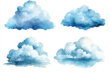 Wall Mural - a collection of various watercolor clouds in soft blue shades, perfect for backgrounds, illustration