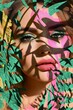© Adames Art Studio - Close-up of a woman's face with pink makeup, partially hidden by green leaves.