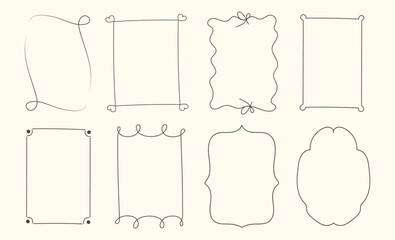 Set of hand drawn funky whimsical borders. Frames, bows, square, oval. Vector collection. Design elements for invitations, weddings, doodles.