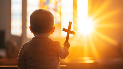 Little Girl Holding Cross in Church at Sunset | A Symbol of Faith and Innocence Bathed in Divine Light