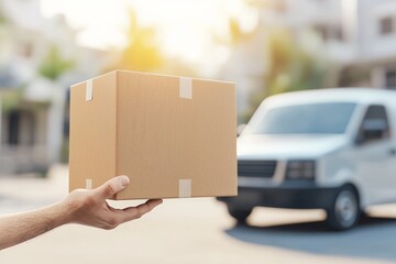 hand holding a cardboard box near delivery van. 3d illustration