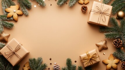 Christmas decoration with gifts, confetti and ginger cookies. Flat lay, top view. New Year concept with copy space