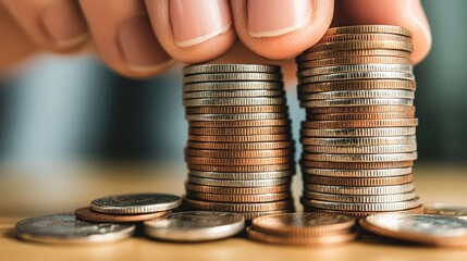 Hand stacks coins, financial management concept, white isolate background