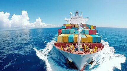 Cargo Ship Navigating Ocean on Clear Day