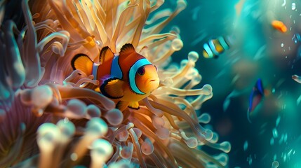 Sticker - Vibrant Underwater Clownfish Nestled Within Anemone Showcasing Symbiotic Marine Life