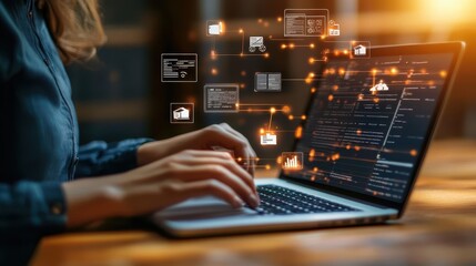 Woman Using Laptop with Connected Data Icons and Code