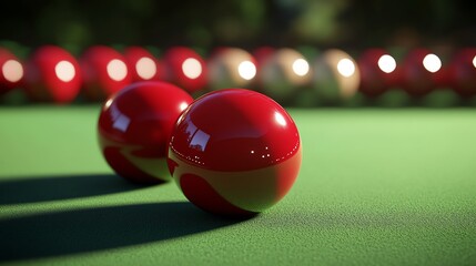 Two red billiard balls on a green felt table, with other balls in the background.