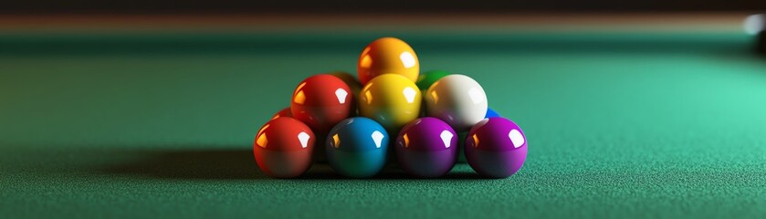 A close-up of billiard balls arranged in a triangle on a green felt table.