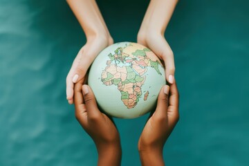 Poster - 3 people hands holding a paper craft Globe globe planet green.