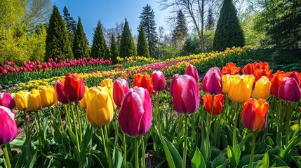 Sticker - A breathtaking view of colorful tulips blossoming in a spring coniferous garden, with bright petals and evergreen trees creating