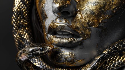 Wall Mural - A woman's face is covered in gold and silver paint