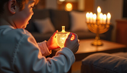 Wall Mural - Child holding glowing dreidel with lit menorah in the backgroun