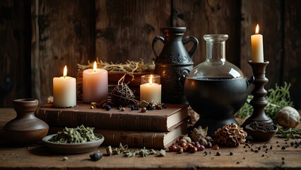 Witch's Potion Ingredients: Dried Herbs, Candles, and Bubbling Cauldron on a Wooden Table