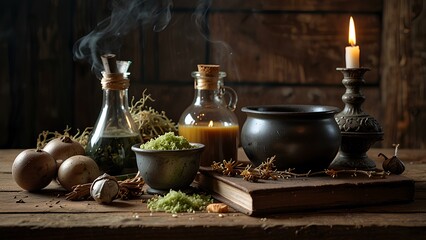 Witch's Potion Ingredients: Dried Herbs, Candles, and Bubbling Cauldron on a Wooden Table