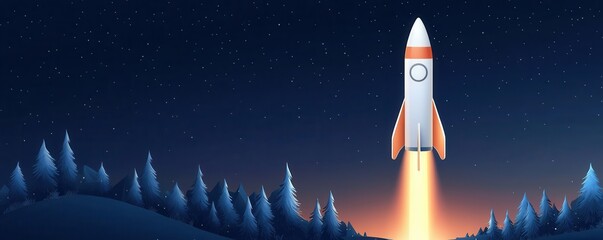 Rocket launching into the night sky, surrounded by trees on a winter landscape.