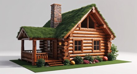 Wooden log cabin house with a loft window on plain white background