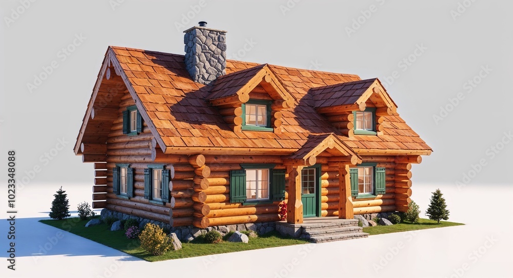Wooden log cabin house with dormer windows on plain white background ...