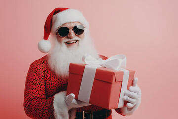 Wall Mural - a smiling santa holding a red box with a bow on it