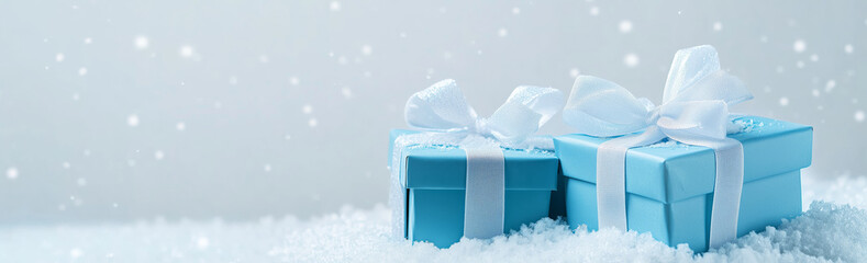 Wall Mural - two blue boxes with white bows on top of a snowy background