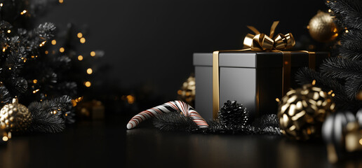 Wall Mural - black box with gold trim sits on a table next to a christmas tree. the tree is decorated with gold a
