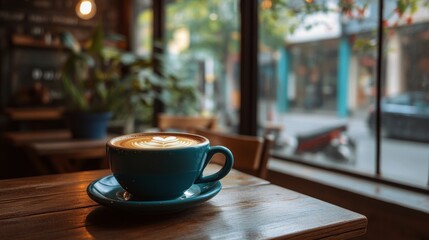 Close-up of a steaming cup of coffee in a cozy, inviting cafÃ©. Suitable for lifestyle, relaxation, and hospitality-related content. 