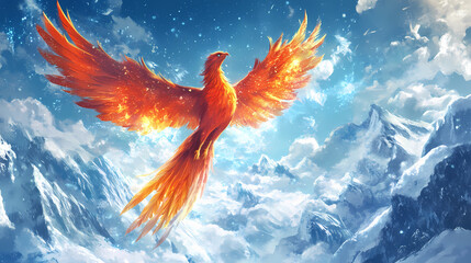 phoenix rising from an icy landscape, symbolizing rebirth and contrast. frost phoenix. illustration