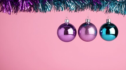 Silver Christmas baubles hanging from lavender and turquoise tinsel on a pale pink background abstract holiday décor 