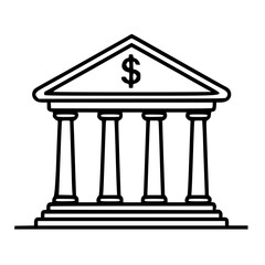 Poster - black and white illustration of a bank building with classical pillars and a dollar symbol, represen