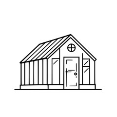 Poster - black and white outline of a small greenhouse with a pitched roof and a detailed front door.