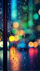 Wall Mural - raindrops on window with colorful city lights, atmospheric night view