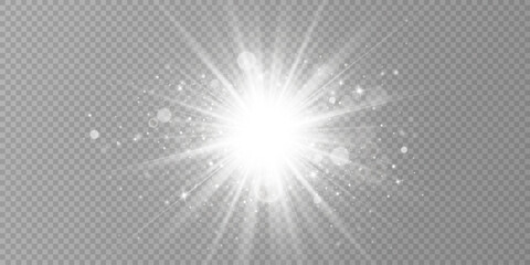 Wall Mural - Glow light effect. Starburst with sparkles on transparent background. Vector illustration. Sun	