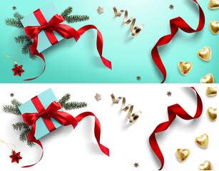 Wall Mural - design elements for christmas background. christmas gift box and golden candies and red ribbon on tr