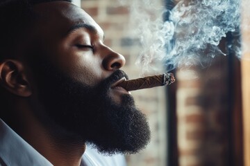 Man Smoking Cigar: Closeup of Stylish African American Businessman Exuding Luxury and Success