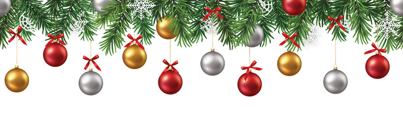 Wall Mural - decorative banner or seamless pattern with green branches and christmas ornaments and ribbons on tra
