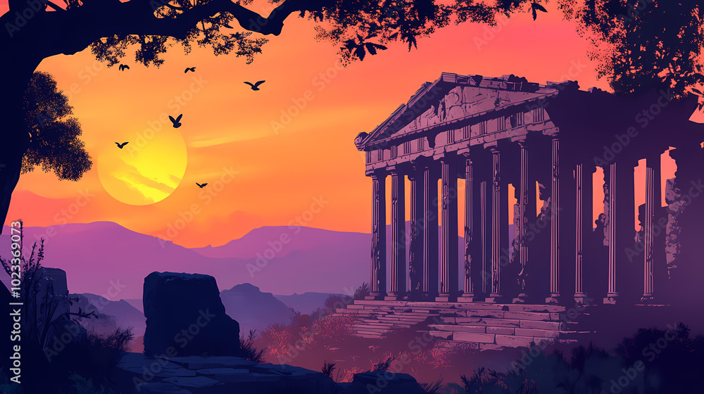 Greek Temple Between Rocks The scenic landscape view of an ancient greek rock temple with doric ...
