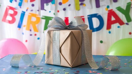 A gift box with glittery ribbon at a birthday party backdrop