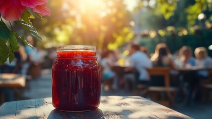 Close-up of a jar with red jam, marmalade, or jelly on a table in an outdoor restaurant