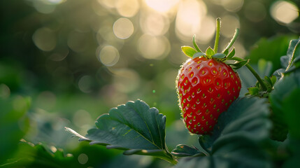 Ripe red strawberry on vine in a field. Fresh, juicy fruit ready for harvest. Concepts. summer, farm, healthy eating, organic.