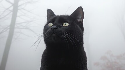 A contemplative black cat gazes thoughtfully in a foggy landscape, embodying mystery and elegance amid nature's ambiance.