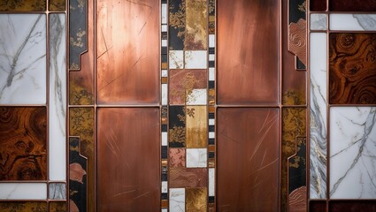 Canvas Print - Copper and marble tile wall pattern with wood inlay.