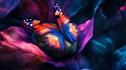 A colorful butterfly is resting on a purple flower