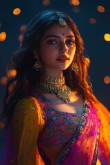 Beautiful indian woman dressed in colorful attire performing Garba dance illuminated with lights.