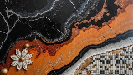 Poster - Abstract marble texture with black, white, and orange tones, featuring a decorative flower and a.