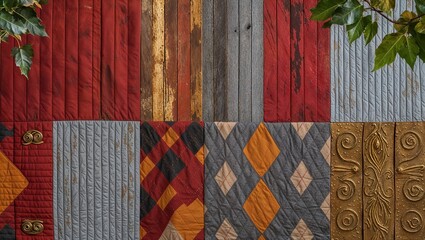 Canvas Print - Colorful patchwork quilt with wood panel background, perfect for design projects.