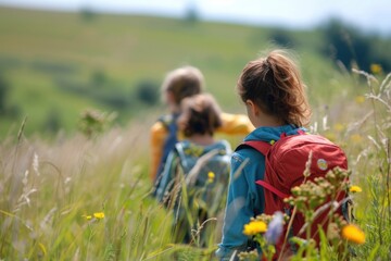 Wall Mural - Small children with mother hiking outdoors nature adventure.