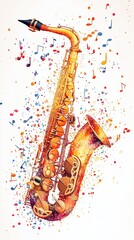 A vibrant and abstract depiction of a saxophone surrounded by luminous musical notes, representing the bright and joyful essence of music and creativity.