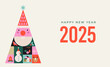 © Marina Zlochin - Happy New Year 2025, New Year background, banner, poster design. Modern minimalist geometric illustration, concept design with Christmas decorations, Santa Claus, Xmas tree and ornaments