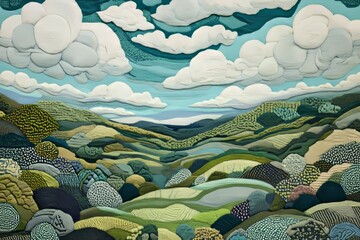 Stunning green and grey landscape textile art with a joyful mountain range.