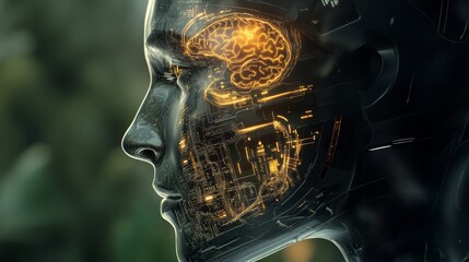 Wall Mural - artificial intelligence head with glowing brain